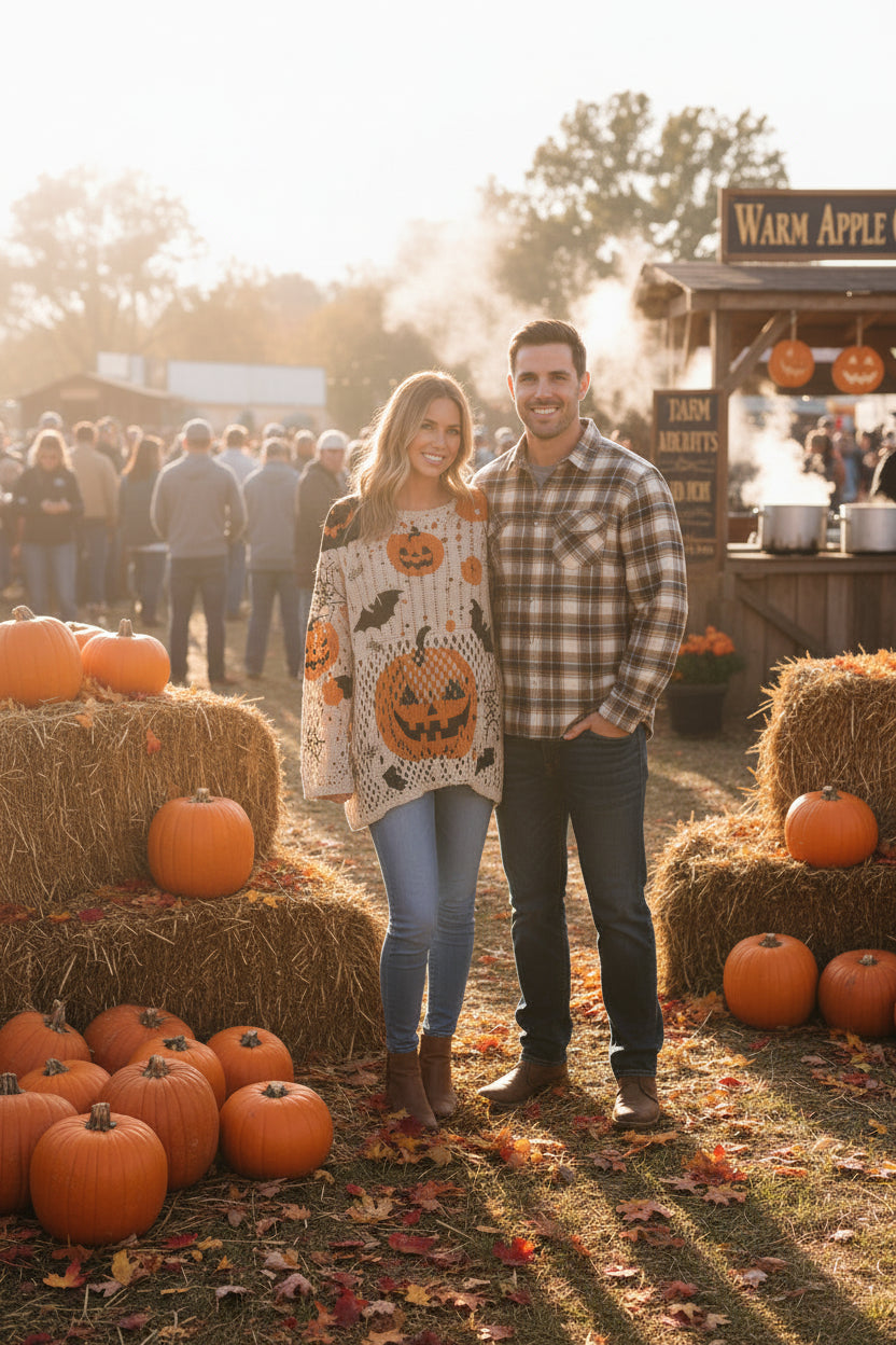 A person wearing a cream-colored open-knit sweater with a Halloween print featuring orange jack-o'-lanterns, black bats, black spiderwebs, and small black leaves.