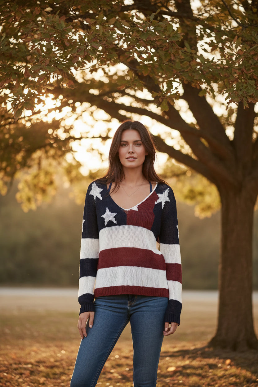 A woman wearing a knit sweater with an American flag pattern, featuring navy blue, white, and red horizontal stripes with white stars, photographed against a blurred beach background.