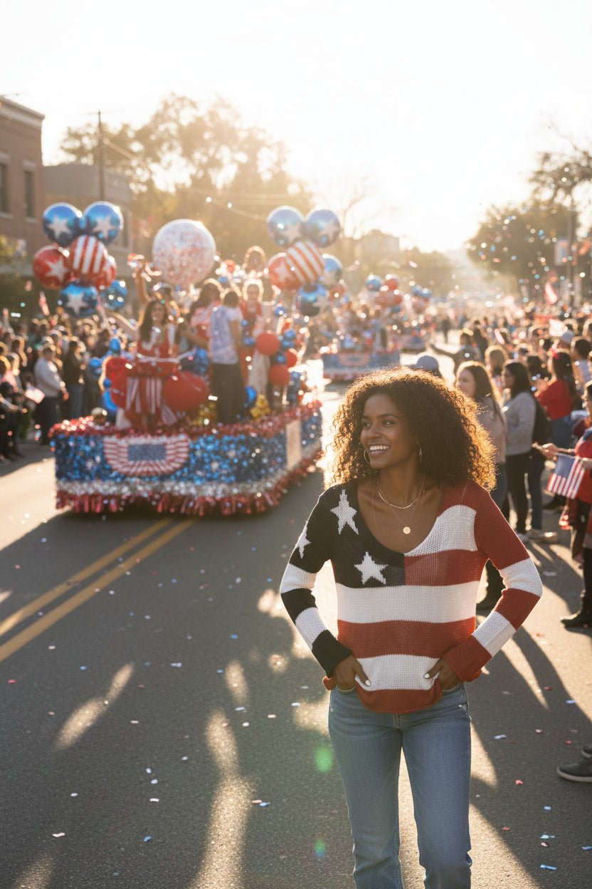 A woman wearing a knit long-sleeve sweater with an American flag design, featuring navy blue, white, and red horizontal stripes with a star pattern on the upper left side.