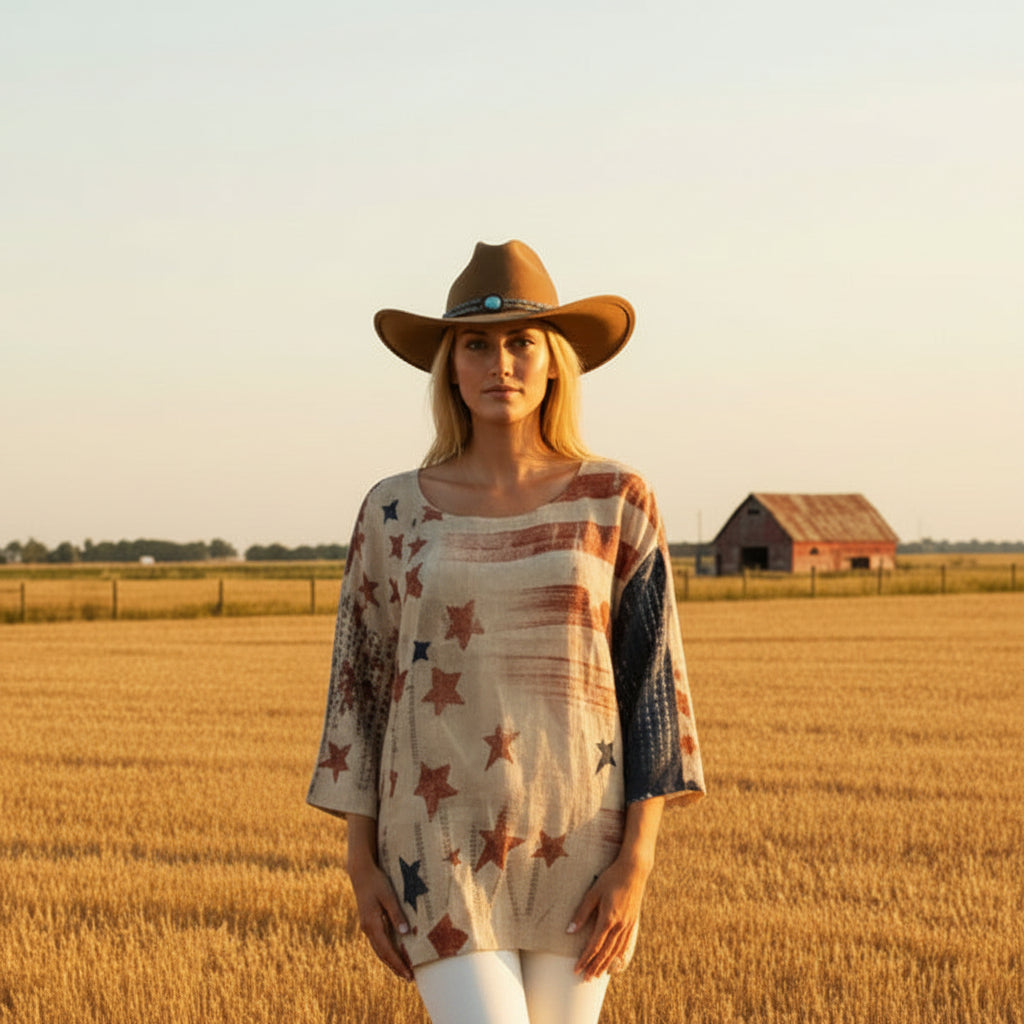 A mannequin wearing a cowboy hat and a long-sleeve top with an American flag pattern featuring red and white stars on a cream background, displayed in a room with blue walls and storage boxes.