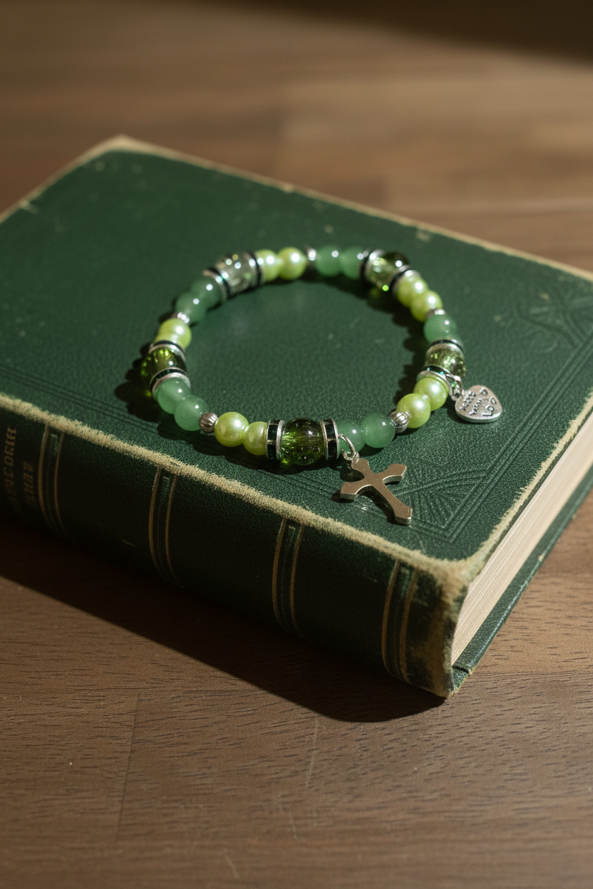 A green beaded bracelet with a cross charm and silver-toned spacer beads, displayed on top of a vintage green book on a wooden surface.