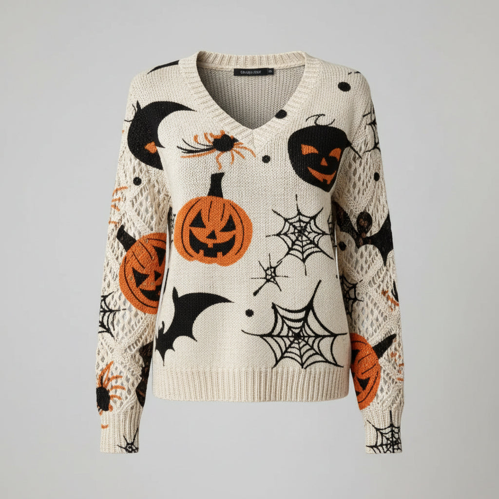 A woman wearing a cream-colored knit sweater with a Halloween print featuring orange pumpkins, black bats, spiders, and webs, paired with white pants and a gold necklace.