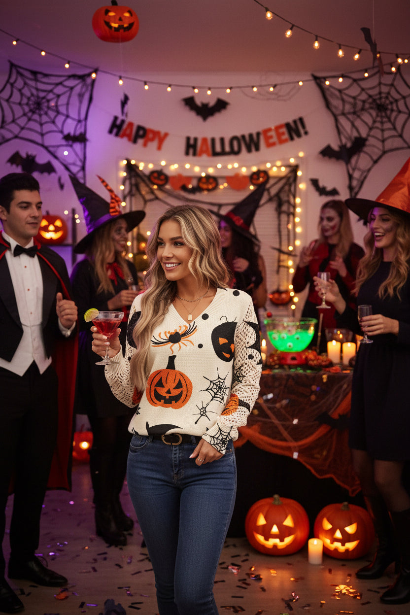 A woman wearing a cream-colored knit sweater with orange and black Halloween graphics, including pumpkins, spiders, and cobwebs, paired with dark blue jeans.