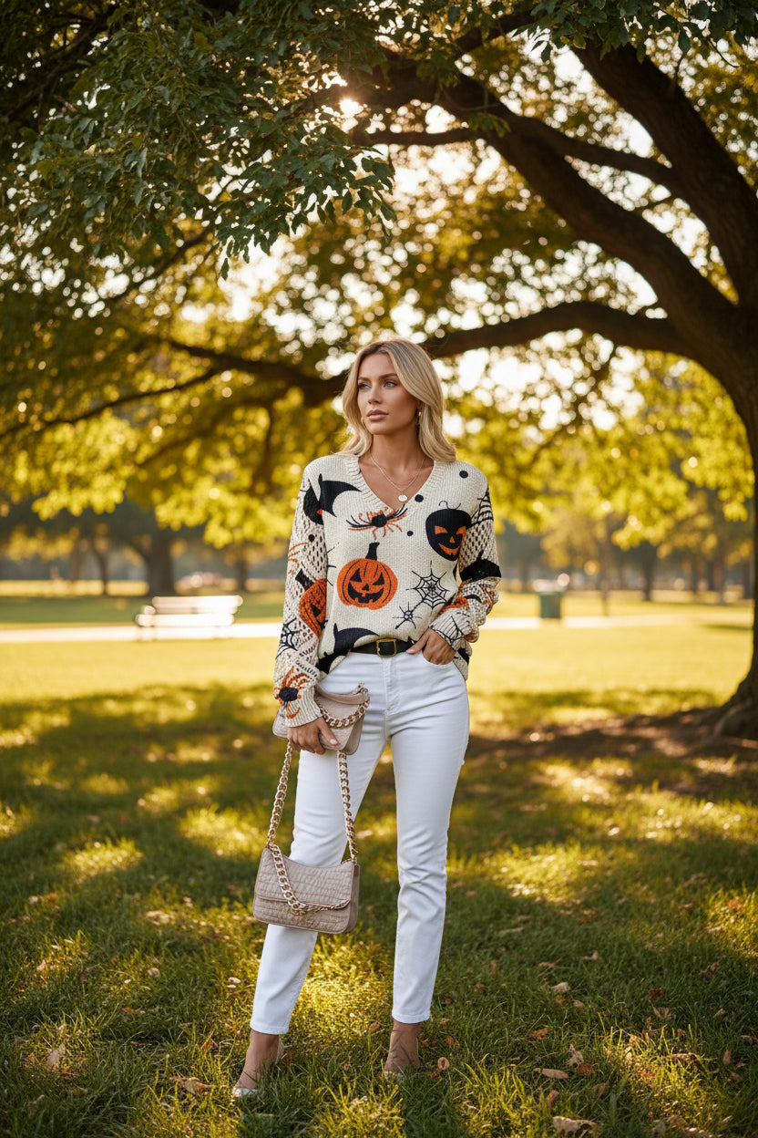 A woman wearing a cream-colored knit sweater with a Halloween print featuring orange pumpkins, black bats, spiders, and webs, paired with white pants and a gold necklace.