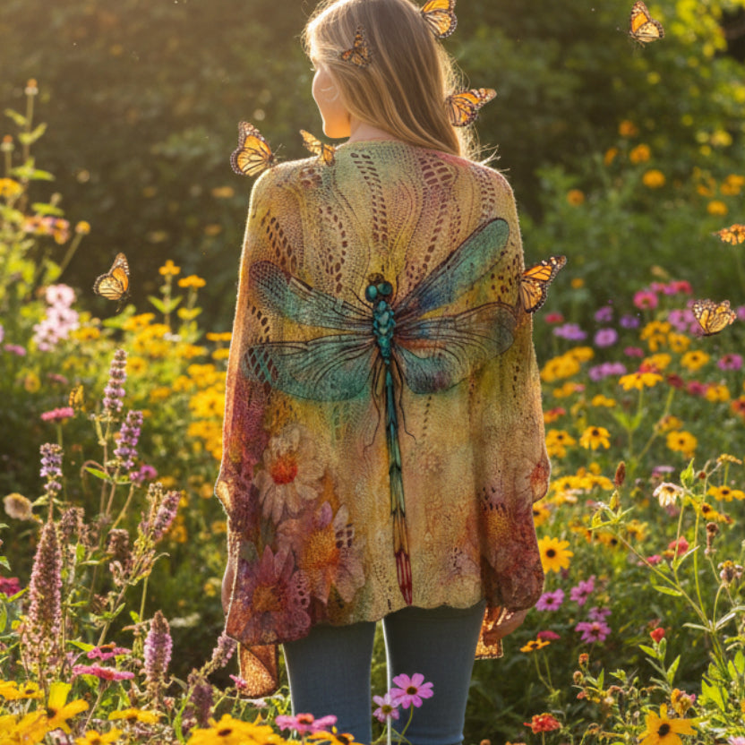 A close-up of a person wearing a sheer, open-knit shawl with a large dragonfly design and floral patterns in earthy yellow, green, blue, and pink tones.
