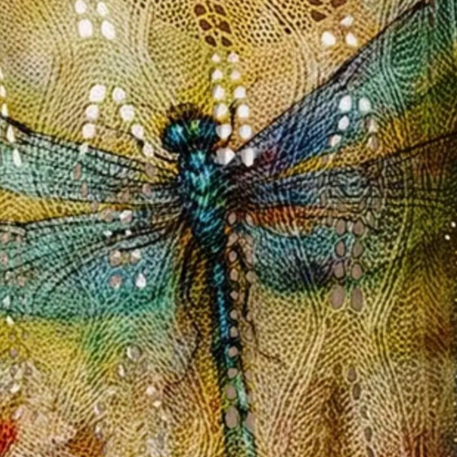 A close-up of a dragonfly artwork or patch layered over a textured, patterned fabric background in earthy gold, brown, and green tones.