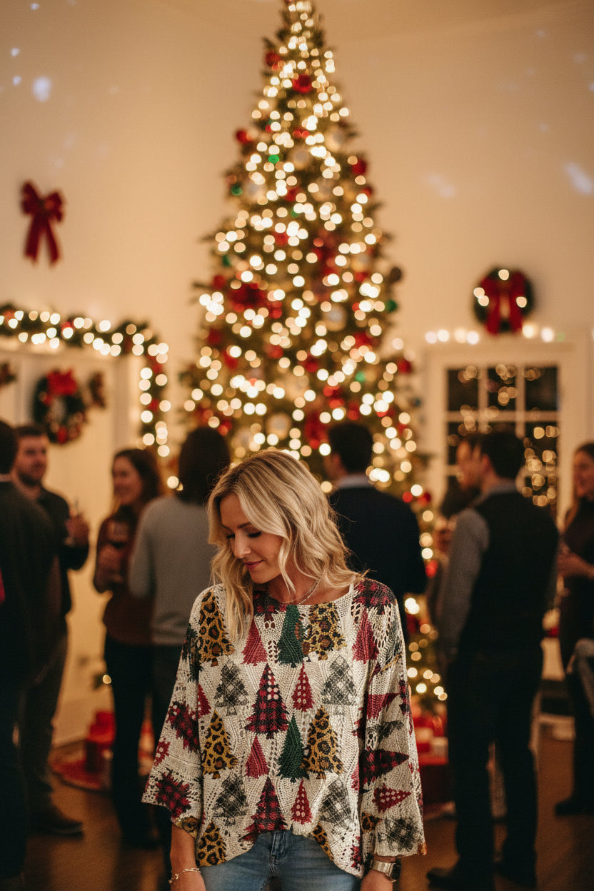 A woman wearing a loose, cream-colored knit top with a festive Christmas tree pattern made from leopard print, plaid, and solid red, green, black, and beige motifs. The image includes a small inset at the bottom right showing a close-up of the pattern.