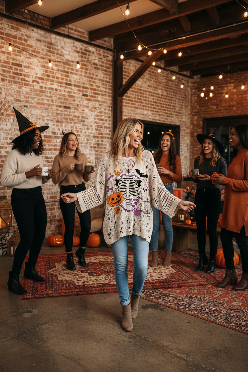 A woman wearing a cream-colored open-knit sweater with a large Halloween graphic featuring a skeleton, pumpkin, bat, and spider.
