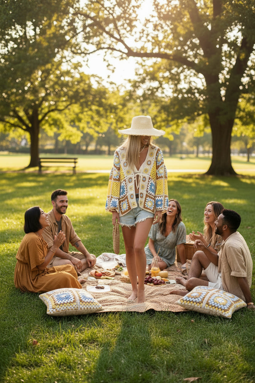 A woman wearing a bohemian crochet cardigan with yellow, brown, and blue granny square patterns, paired with denim shorts and a straw hat.
