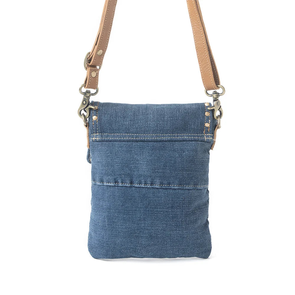 Myra Dahlia Denim Crossbody Bag with blue upcycled denim, and removable straps back view