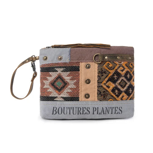 Myra Rigaud Rail Express Western Pouch with Southwestern rug, upcycled canvas, genuine leather accents and wrist strap
