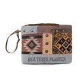 Myra Rigaud Rail Express Western Pouch with Southwestern rug, upcycled canvas, genuine leather accents and wrist strap