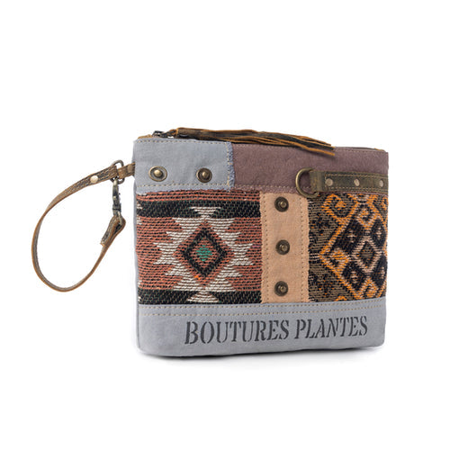 Myra Rigaud Rail Express Western Pouch with Southwestern rug, upcycled canvas, genuine leather and wrist strap-side view