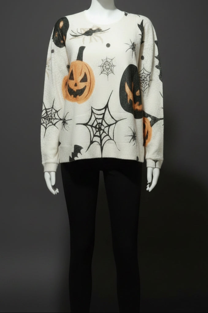A Halloween-themed V-Neck Pullover, long-sleeve sweater with a cream base and orange, black, and white spider-themed graphics.