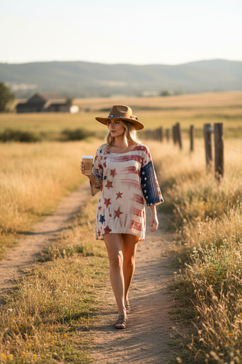 A girl wearing a cowboy hat and a long-sleeve top with an American flag pattern featuring red and beige stars on a cream background, walking beside field