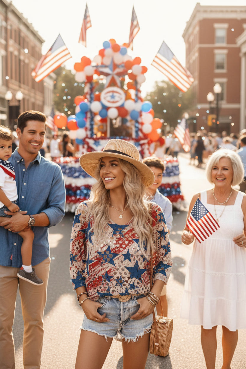 A woman wearing a patriotic-themed bohemian lace top with red, white, and blue stars, paired with denim shorts and a straw hat.