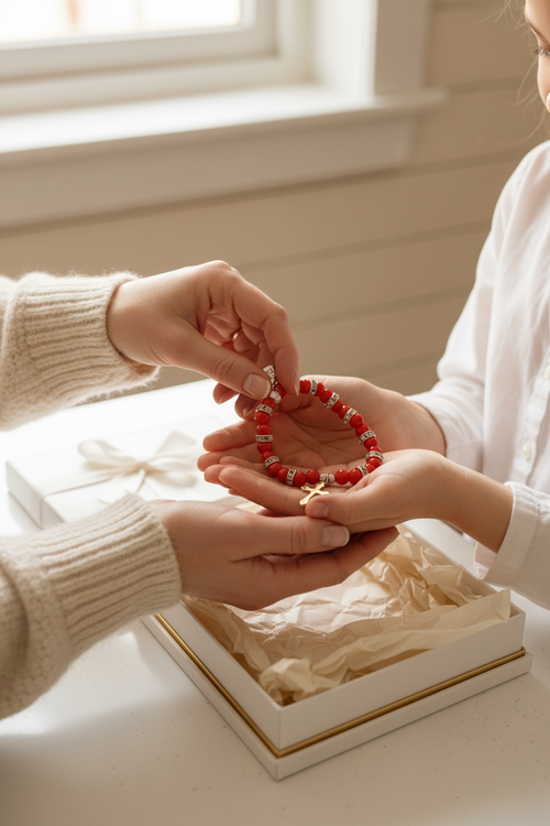 Red beaded faith bracelet with cross charm being given as a gift