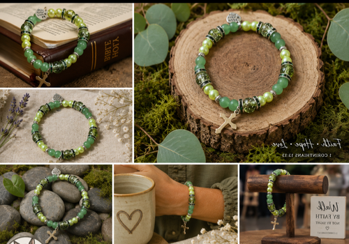 Collage of handmade green beaded faith bracelet with silver cross charm shown in several lifestyle settings