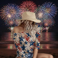 A woman wearing a patriotic off-the-shoulder top with a red, white, and blue American flag star pattern, paired with denim shorts and a straw hat, seated against a rustic wooden wall.