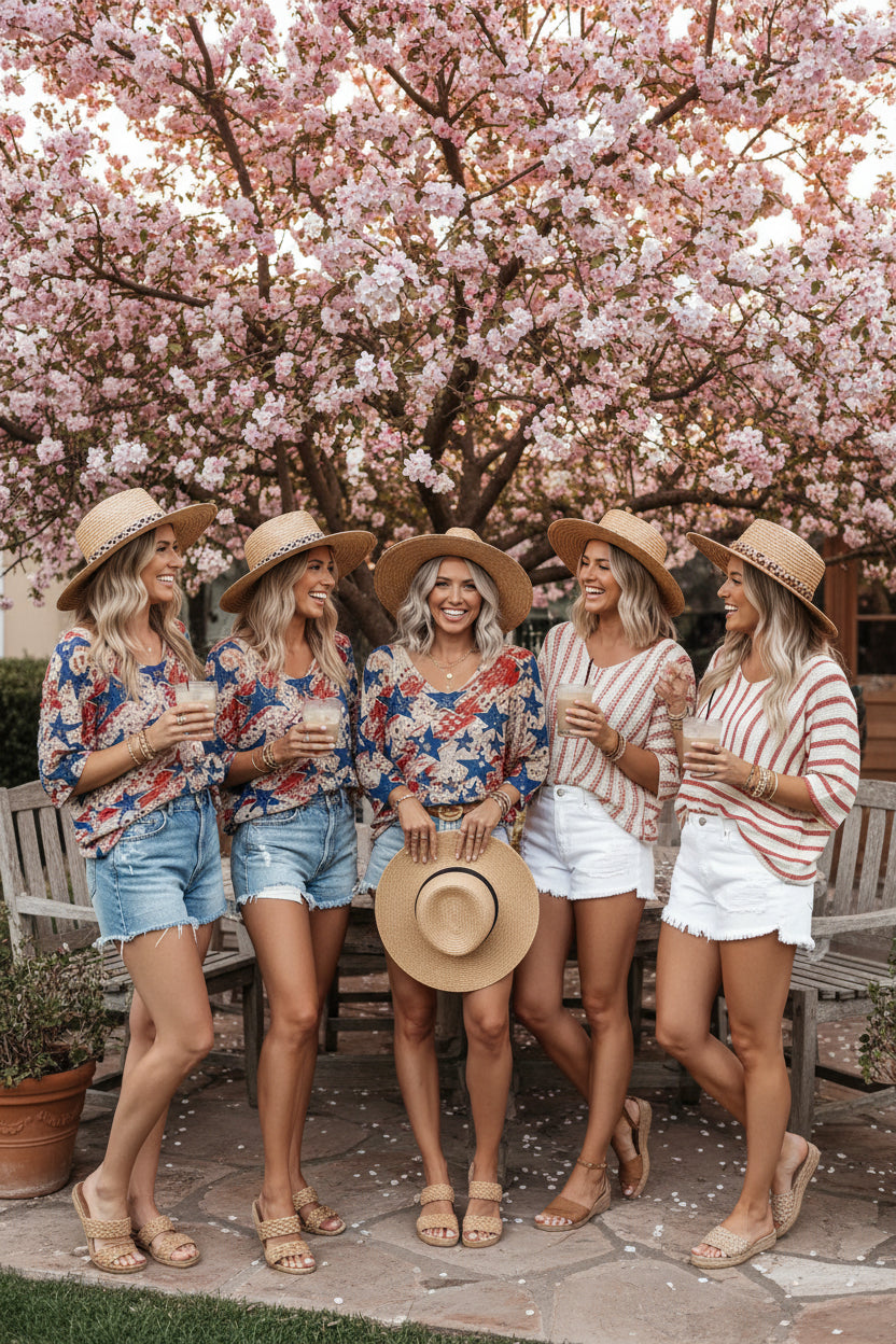 A woman wearing a patriotic-themed crochet top with red, white, and blue stars and stripes pattern, paired with denim shorts and holding a straw hat.