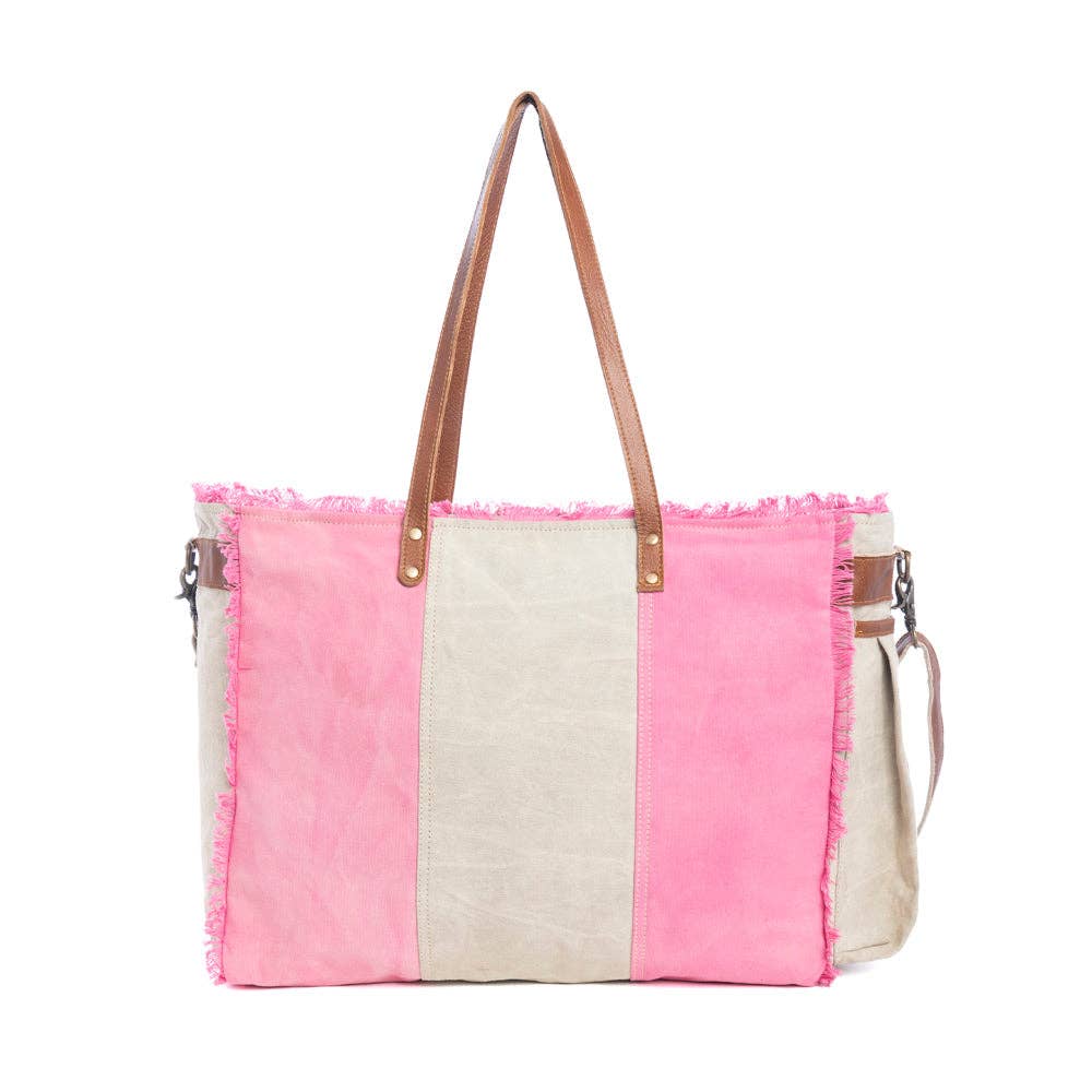 Myra Queen Creek Weekender Bag in Pink back view with pink and beige canvas, frayed edges, and leather handles