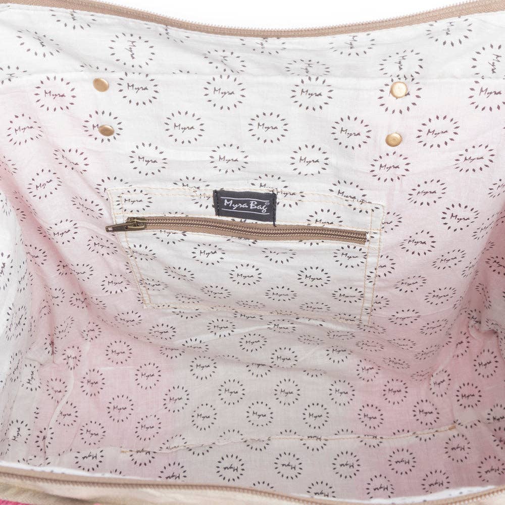 Myra Queen Creek Weekender Bag in Pink interior with patterned lining and zippered pocket